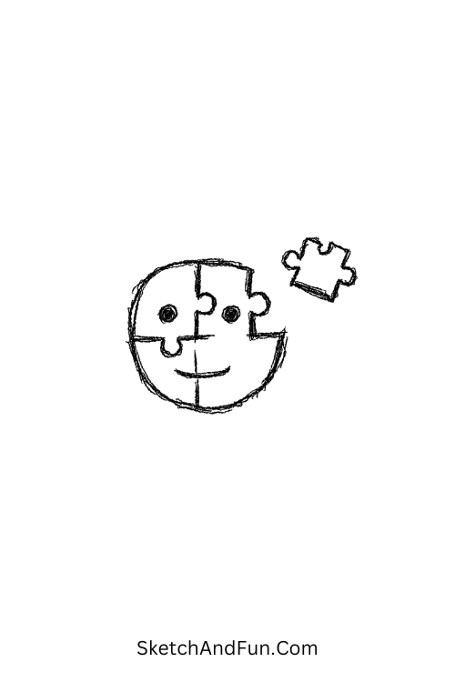 A doodle of a face falling apart like puzzle pieces, emo doodle sketches