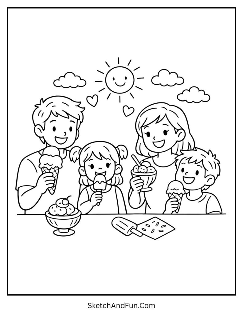 A coloring page of a family enjoying ice cream together happily, ice cream coloring pages for toddlers