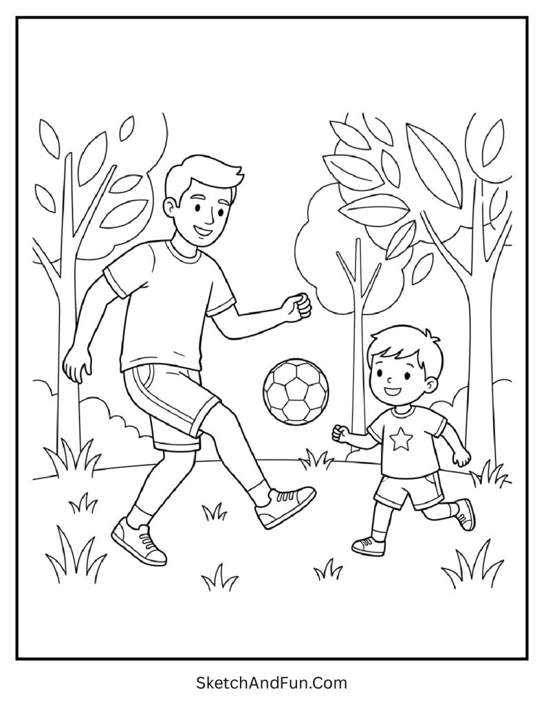 A coloring page of dad and child playing football, fathers day coloring pages preschool