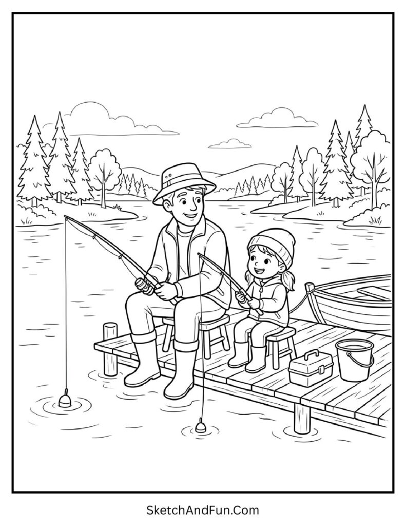 A coloring page of dad and kid fishing by lake, fathers day coloring pages easy