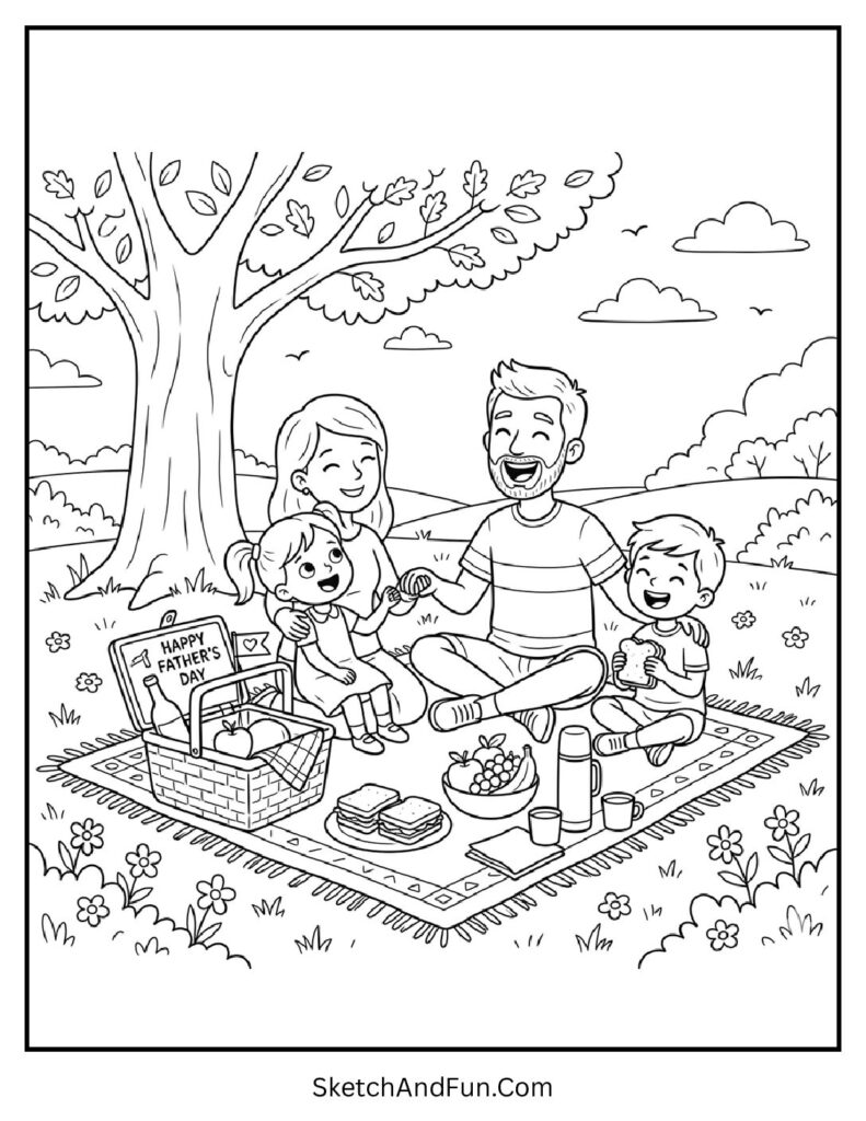 A coloring page of picnic with family and basket, fathers day coloring pages homeschool printable