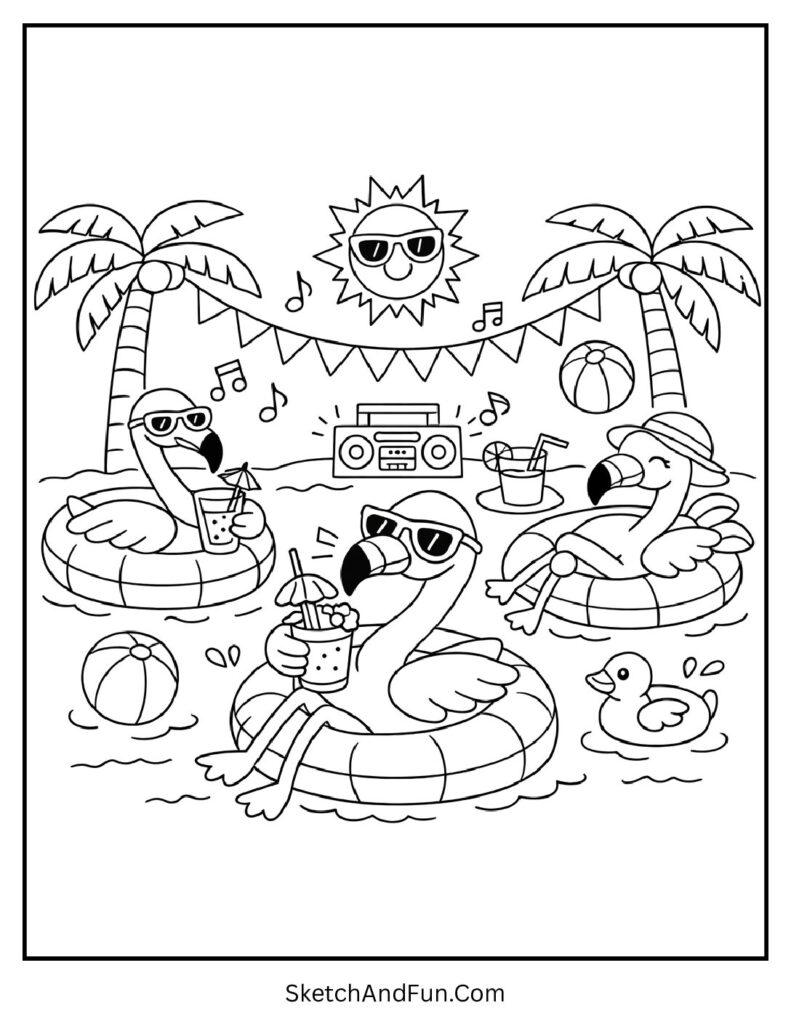 A coloring page of flamingos on pool floats with drinks, cute summer coloring pages