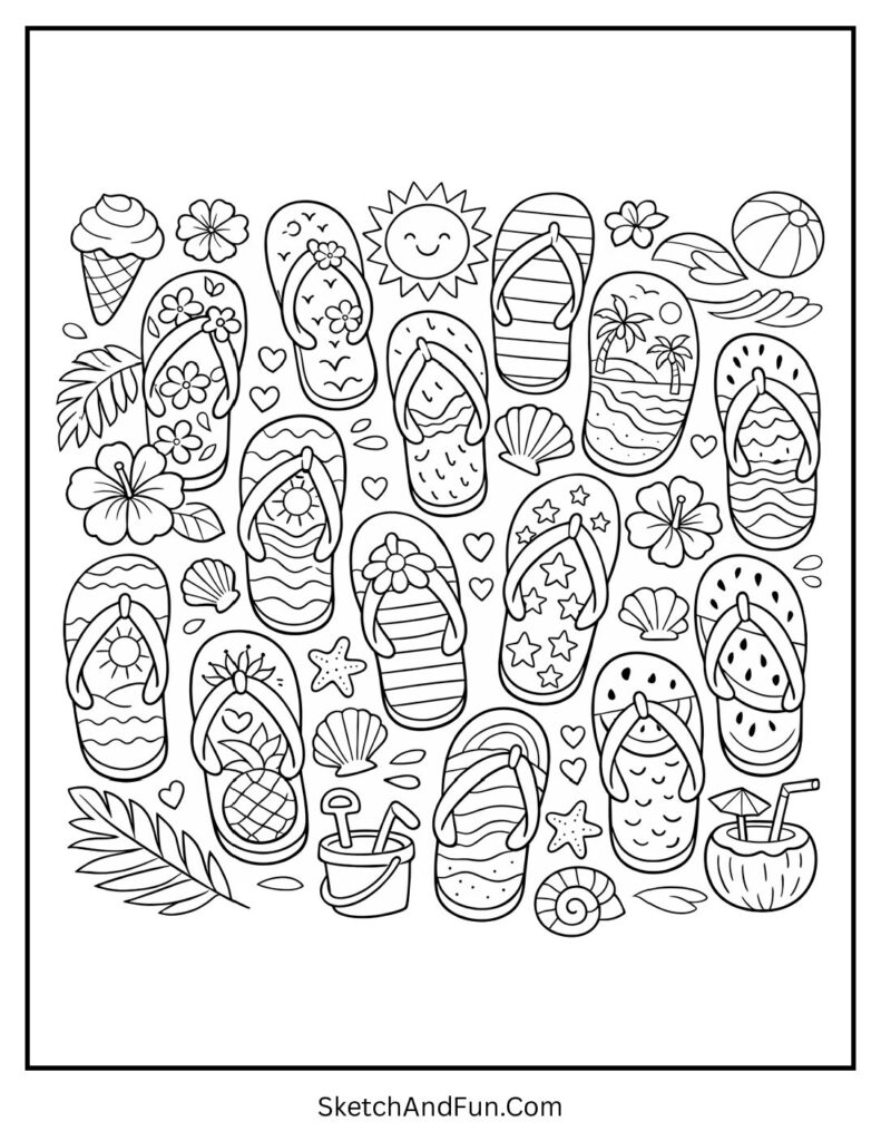 A coloring page of creative flip flop patterns with summer designs, aesthetic summer coloring pages