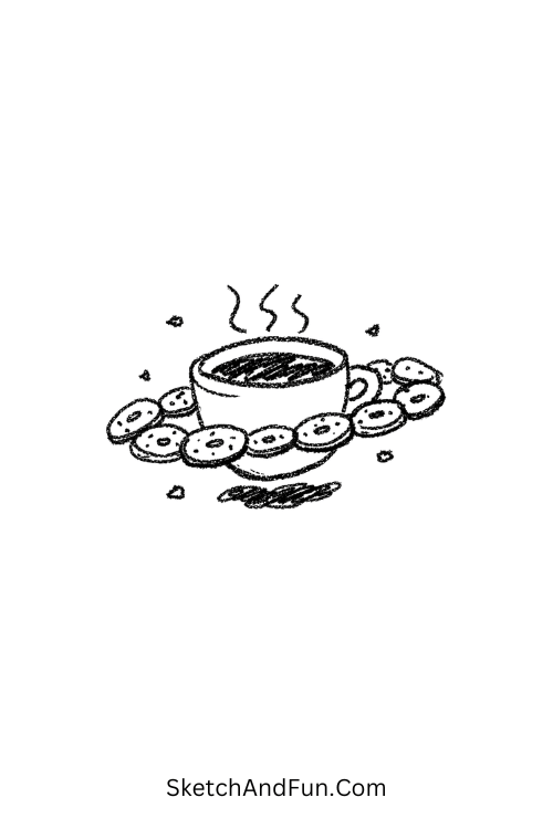 A doodle of a cup shaped like a planet with donut rings, coffee cup doodles