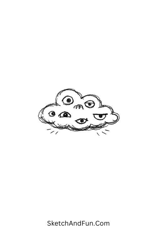 A doodle of a cloud with many tiny eyes, random weird doodles
