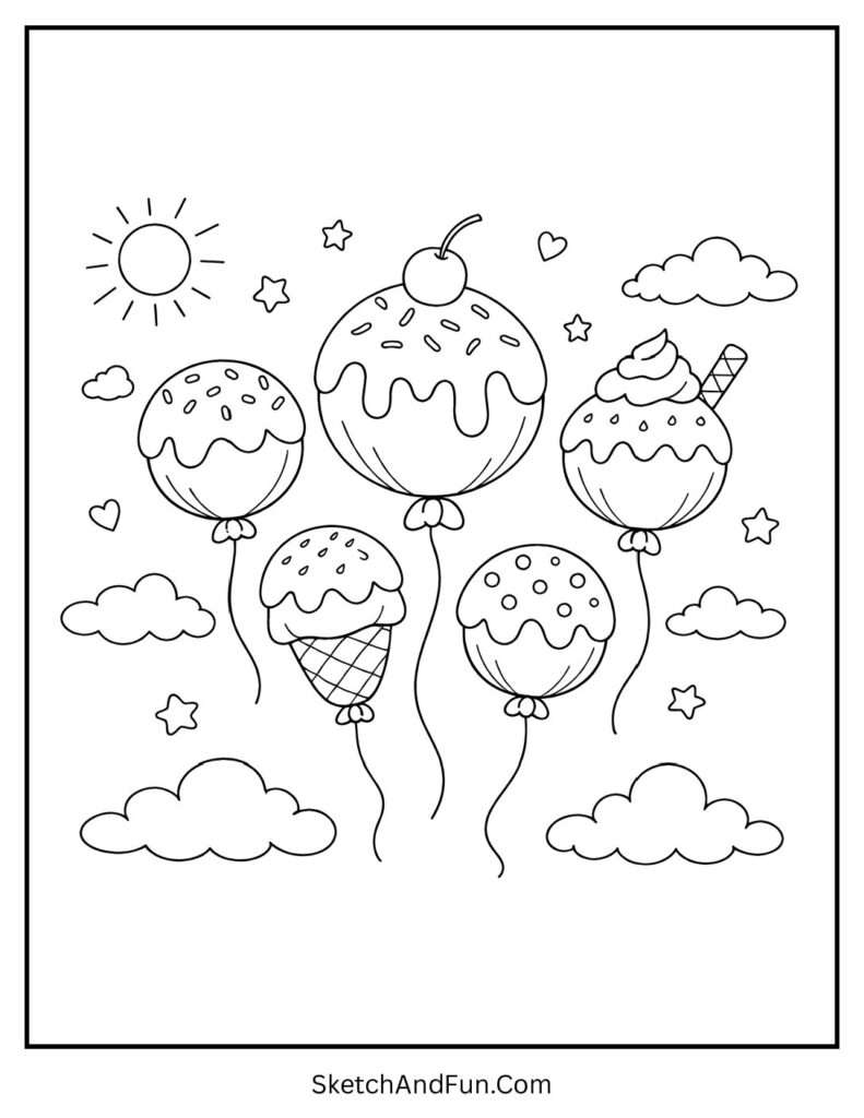 A coloring page of floating ice cream scoops tied with strings like balloons, simple ice cream coloring pages