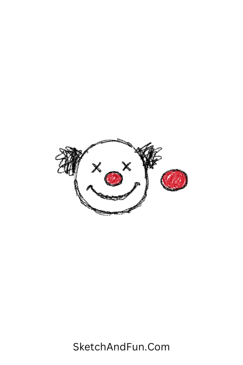 A doodle of a minimal clown with floating red nose above the face, clown doodle face drawing