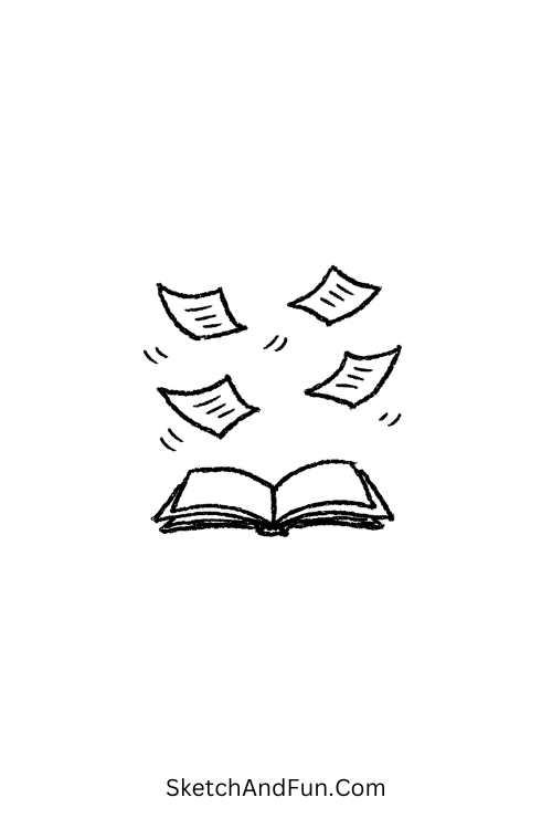 A doodle of pages floating from an open book, open book doodle