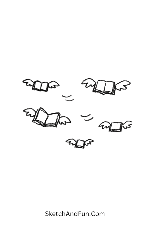 A doodle of flying books with tiny wings, cute book doodles