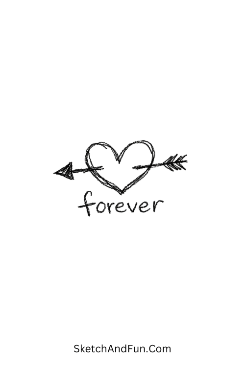 A doodle of an arrow passing through a heart with “forever”, wedding doodle clipart free