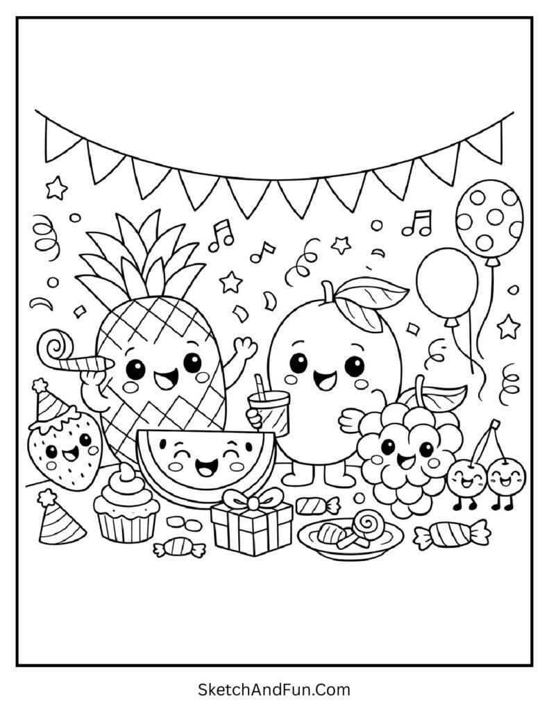 A coloring page of smiling fruits having a party together, summer coloring pages kindergarten