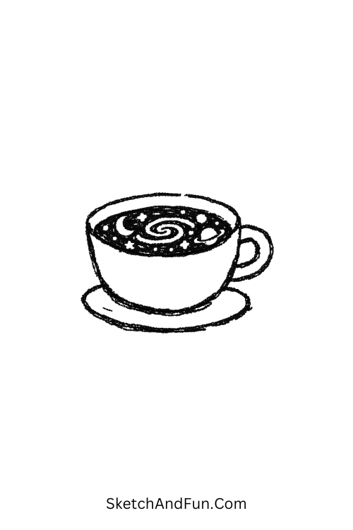 A doodle of a swirling cup with stars and planets, coffee doodle designs