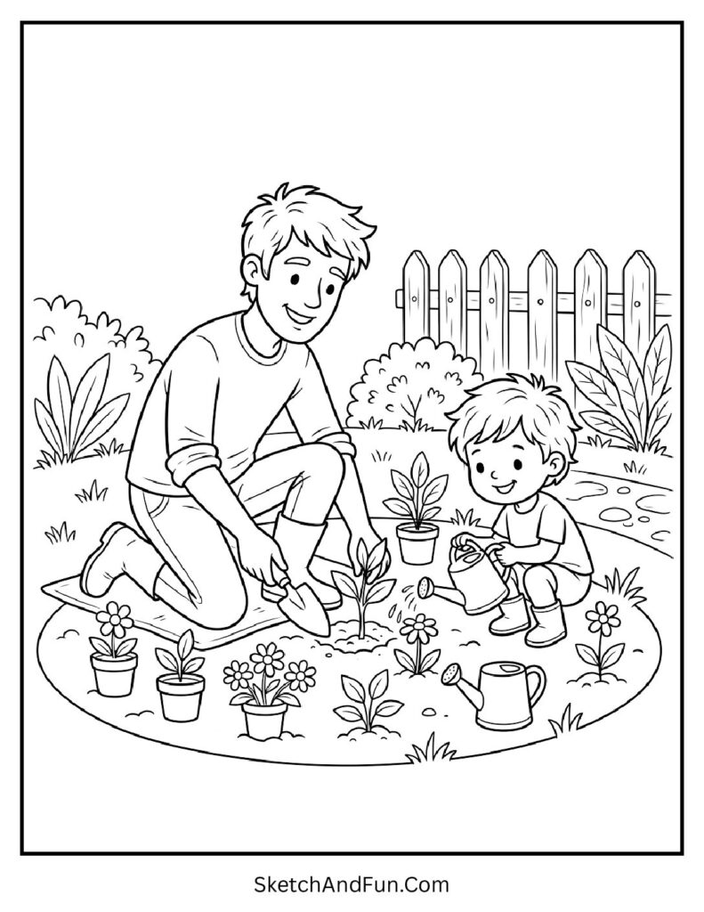 A coloring page of dad gardening with child, simple fathers day coloring pages