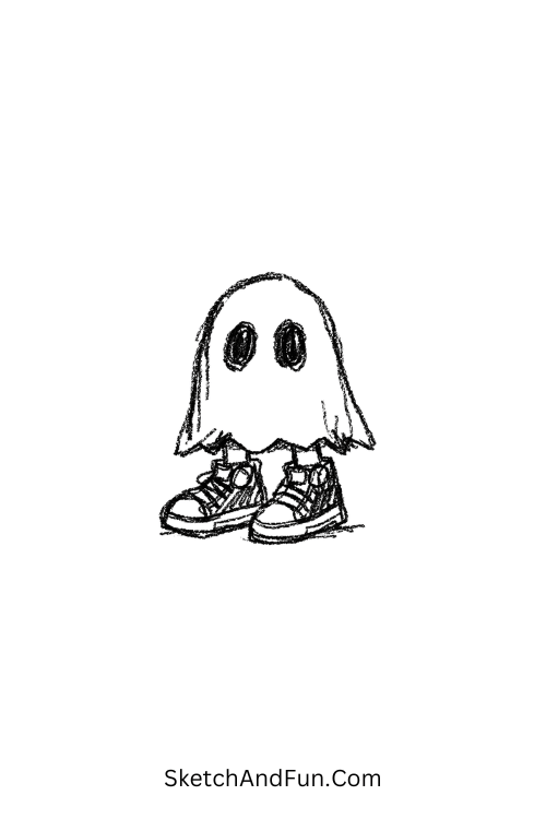 A doodle of a ghost wearing sneakers, weird doodle cartoon
