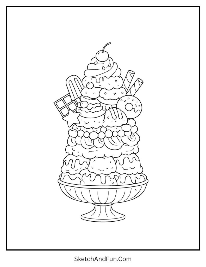 A coloring page of a giant layered ice cream sundae with toppings, ice cream coloring pages for adults