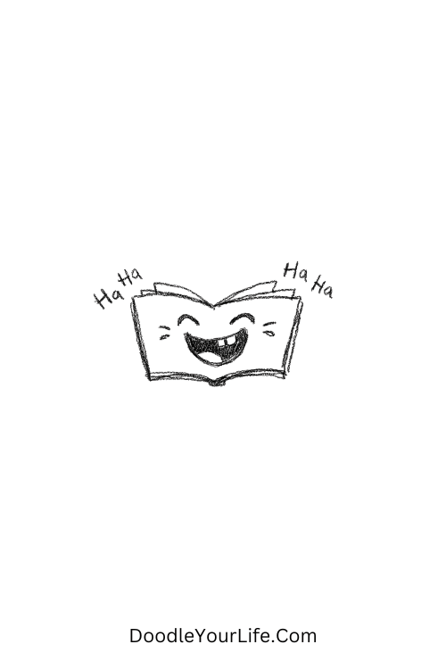 A doodle of a laughing book with a wide open face, silly doodle tutorials