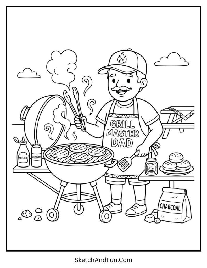 A coloring page of dad grilling BBQ outdoors, fathers day coloring pages family theme