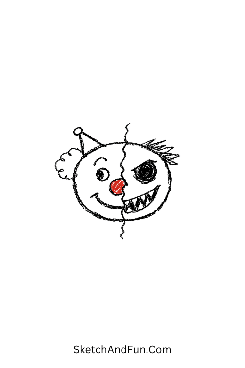 A doodle of a clown with half happy and half scary face, clown doodle Halloween coloring