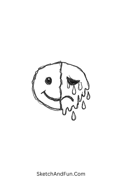 A doodle of a face half smiling and half crying, emo doodle faces