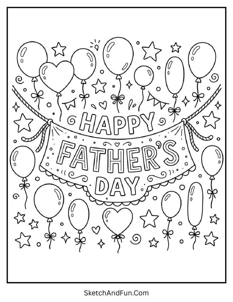 A coloring page of banner with balloons and text, printable fathers day coloring pages pdf free