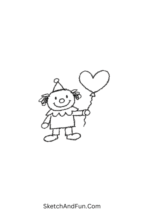 A doodle of a clown holding a heart-shaped balloon, clown doodle cartoon drawing