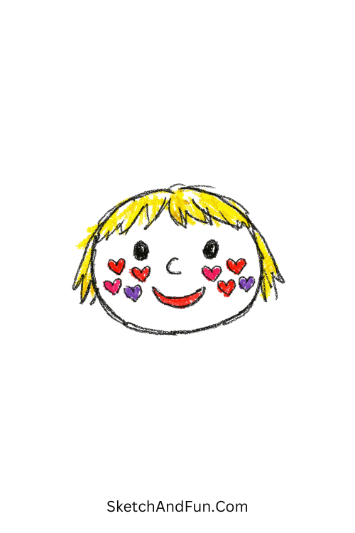 A doodle of a face with tiny heart freckles, pink girly doodle backgrounds