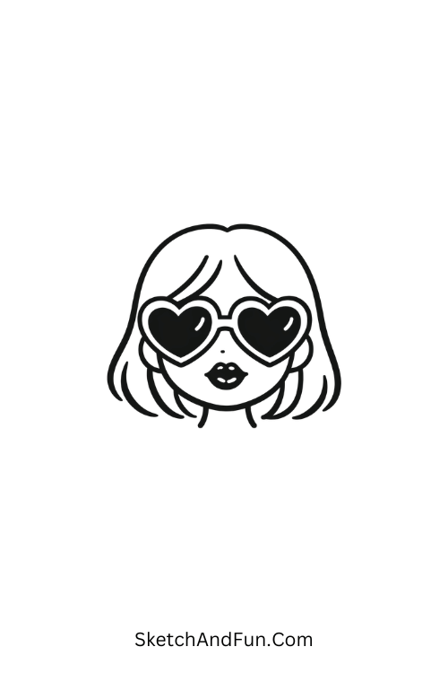 A doodle of a girl with heart sunglasses and glossy lips, aesthetic baddie doodles