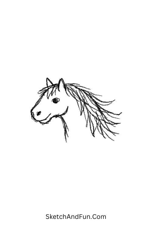 A doodle of a horse head with flowing mane, how to draw medieval characters step by step