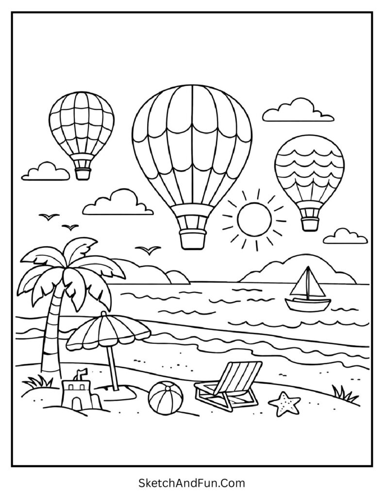 A coloring page of hot air balloons floating over beaches, summer coloring pages high resolution pdf