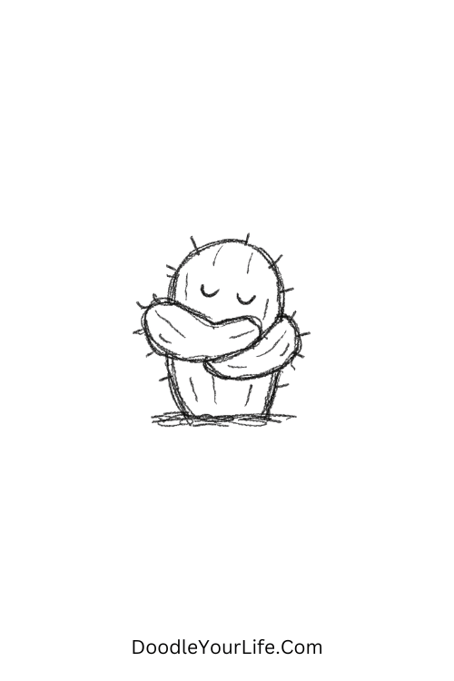 A doodle of a cactus hugging itself carefully, silly doodle stickers