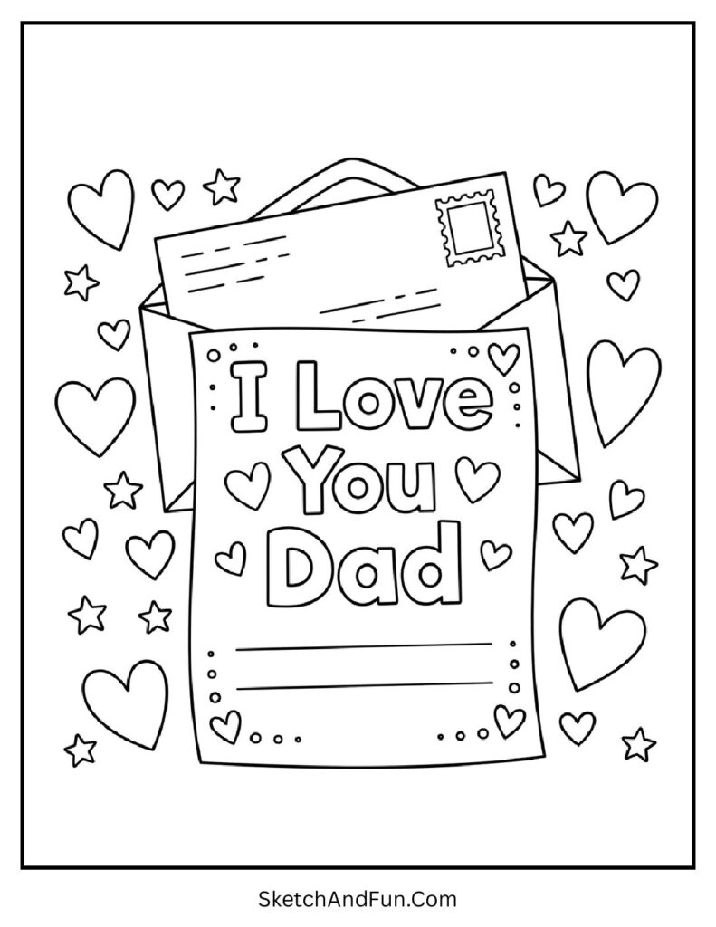 A coloring page of envelope with hearts and text, i love you dad coloring page printable