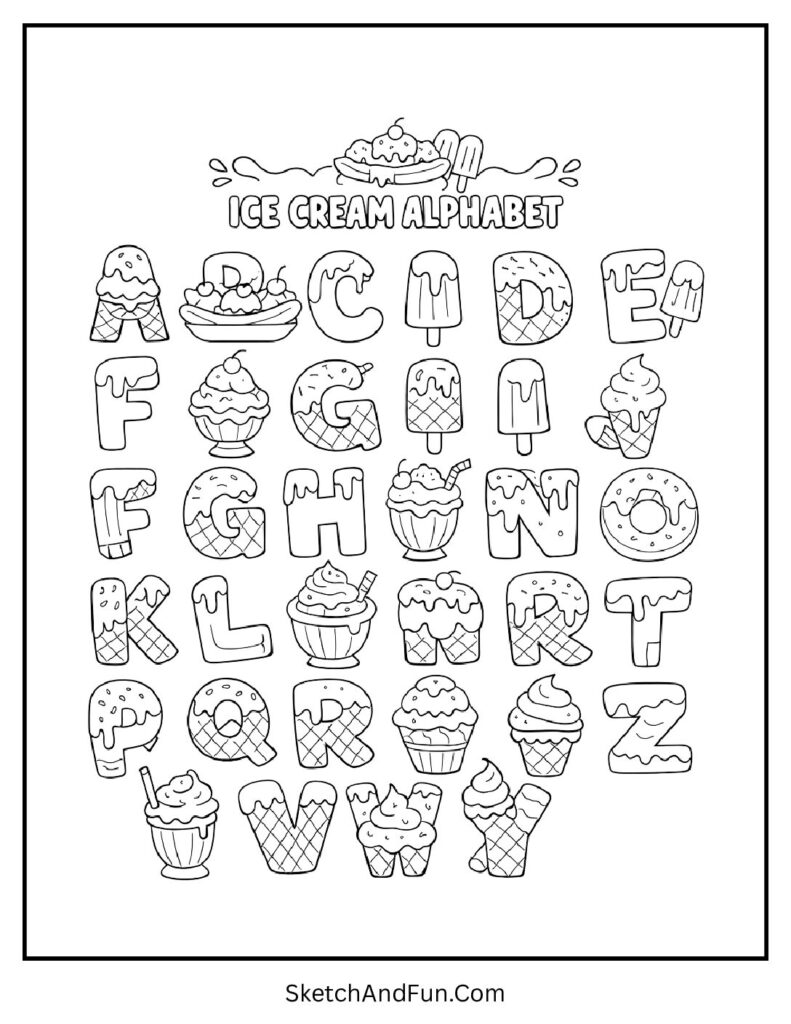 A coloring page of letters decorated with ice cream cones and banana splits, preschool ice cream coloring pages