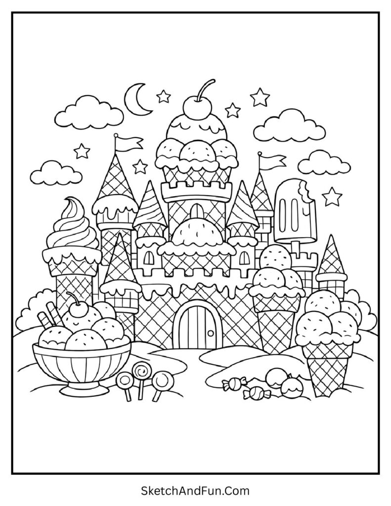 A coloring page of a magical ice cream castle with cones and scoops, unicorn ice cream coloring pages