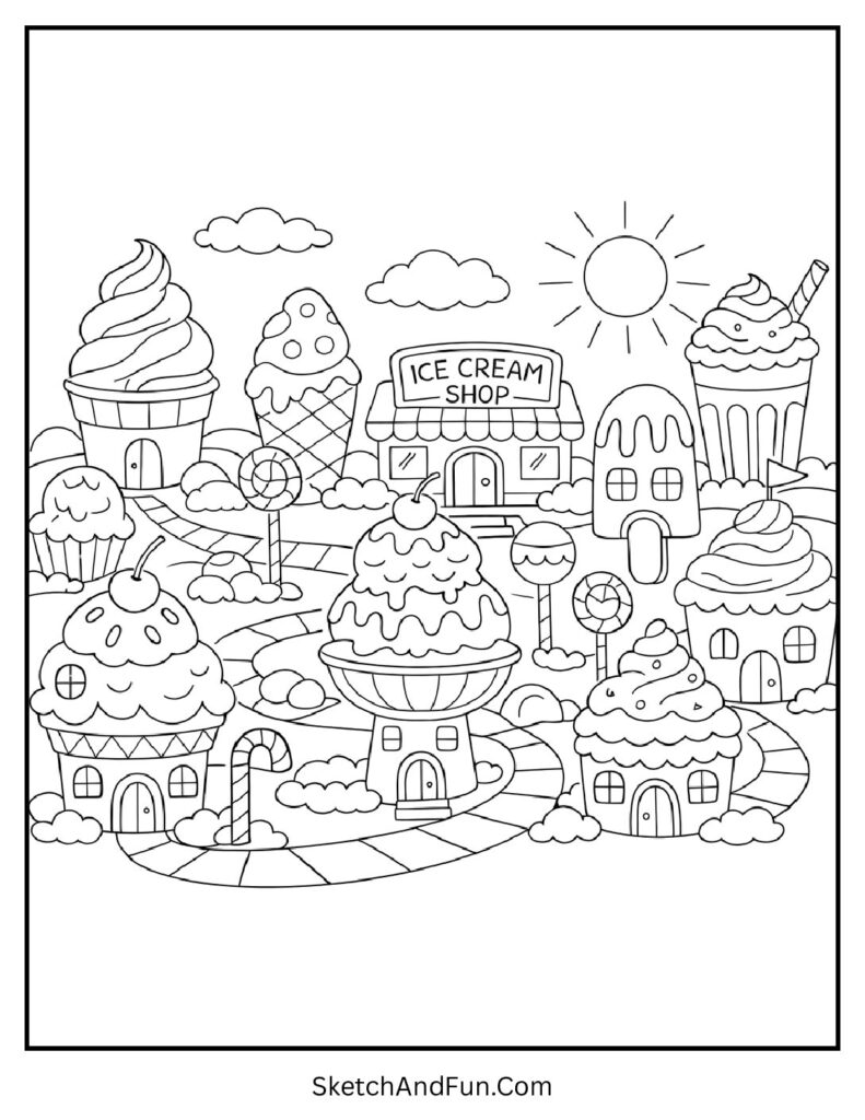 A coloring page of buildings shaped like ice cream cones, summer coloring pages printable