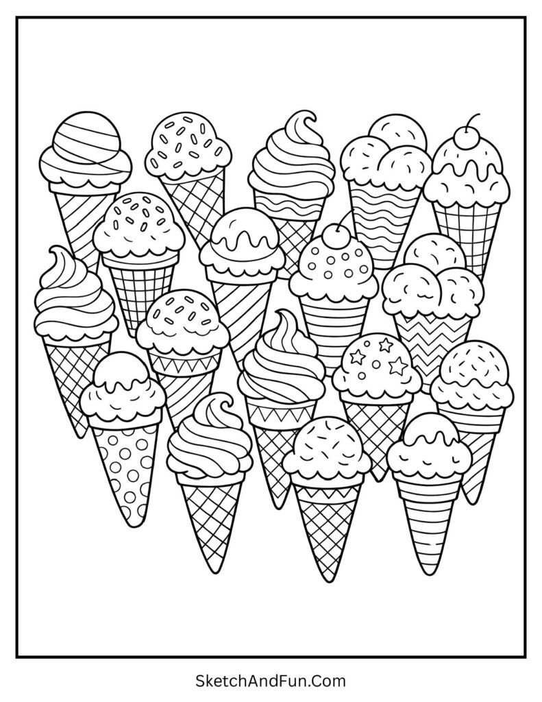 A coloring page of multiple cones with stripes, dots, and zigzags, printable ice cream coloring sheets