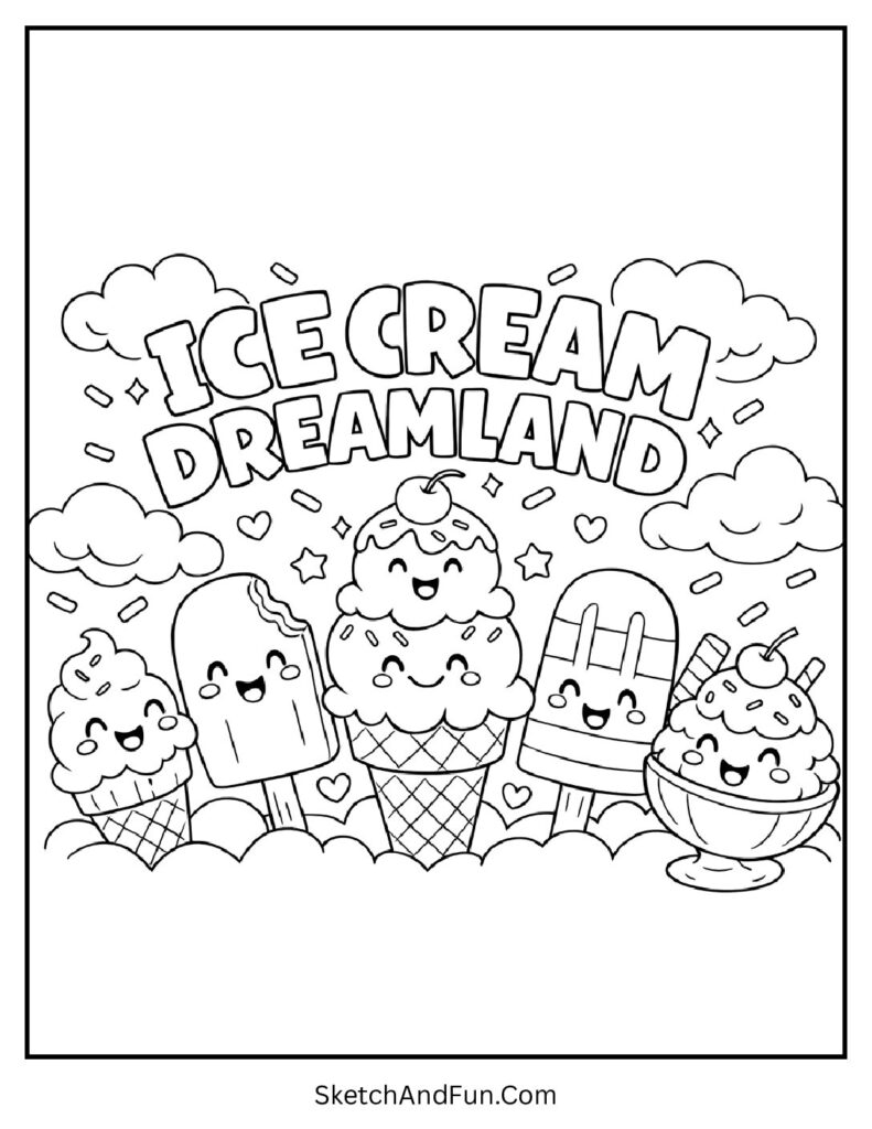 A coloring page of floating ice cream scoops and sprinkles in a candy land, ice cream coloring book pages