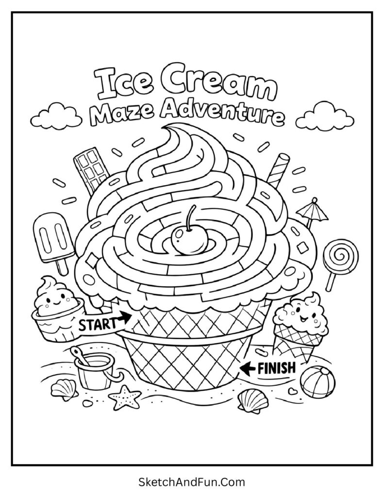 A coloring page of a swirl maze shaped like ice cream leading to a cherry, ice cream coloring page pdf