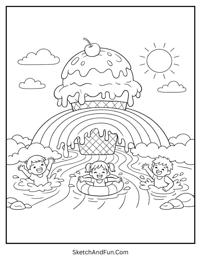 A coloring page of a giant melting ice cream in a rainbow river, summer coloring pages with ice cream