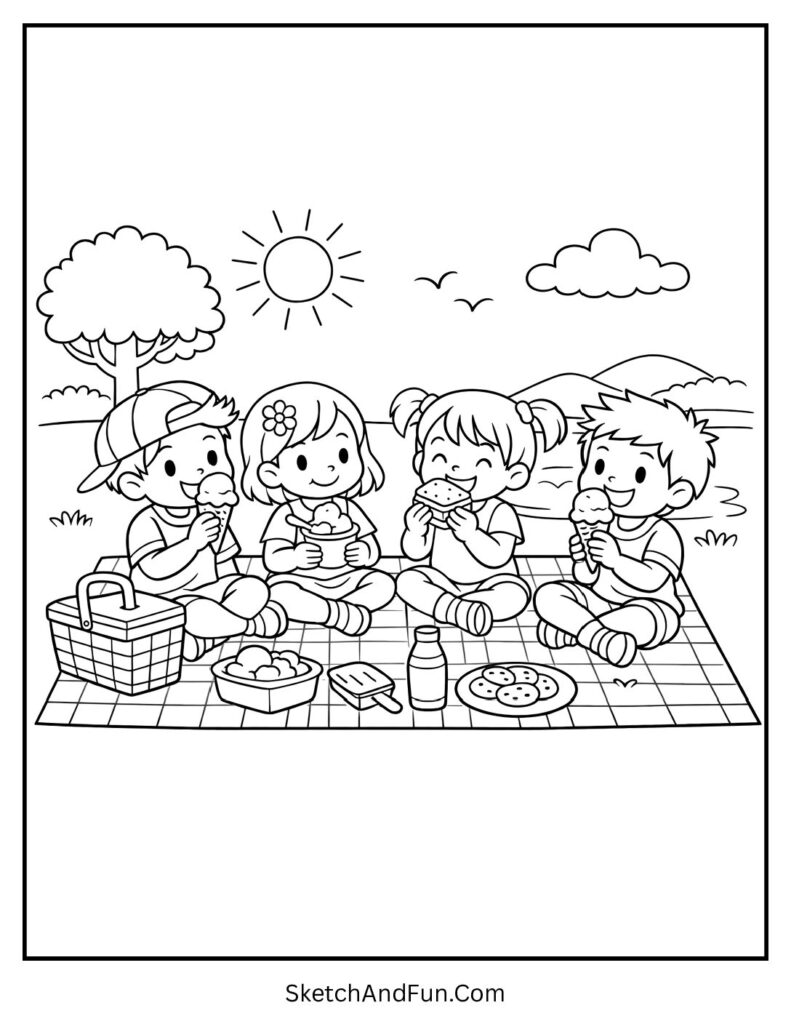 A coloring page of kids on a picnic with cones, cups, and sandwiches, ice cream coloring pages for kids