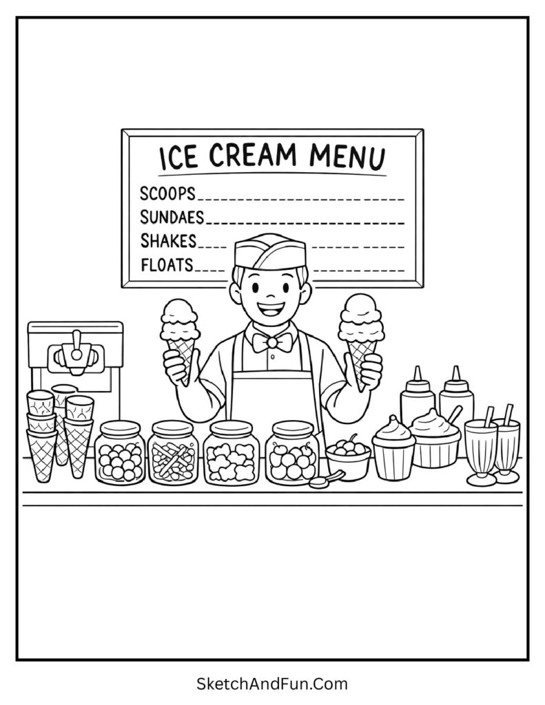 A coloring page of an ice cream parlor counter with toppings and menu, ice cream coloring pages to print