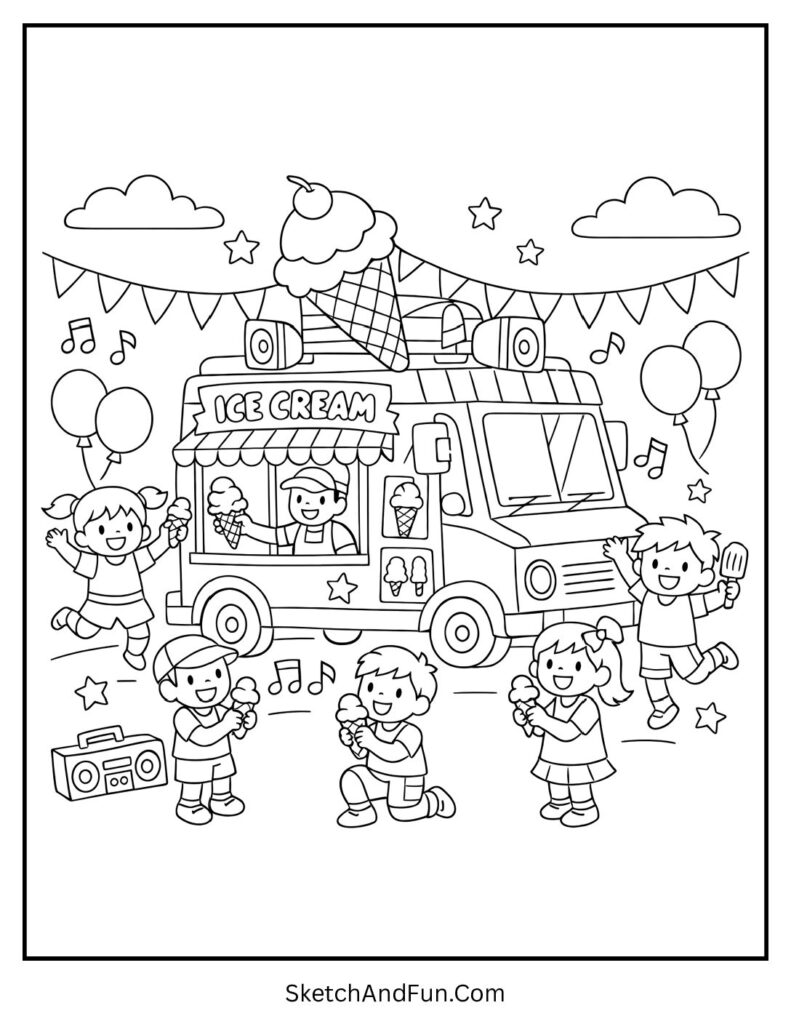 A coloring page of a colorful ice cream truck at a festival, fun summer coloring pages