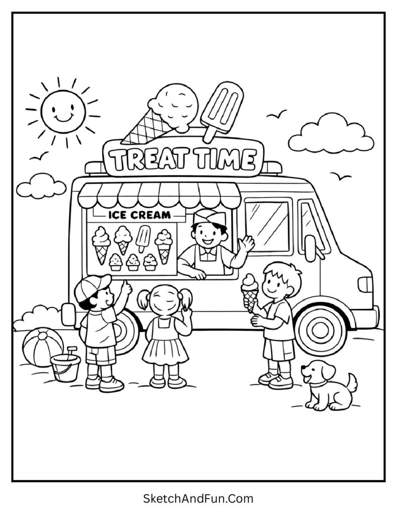 A coloring page of kids enjoying ice cream from a friendly truck, ice cream truck coloring page