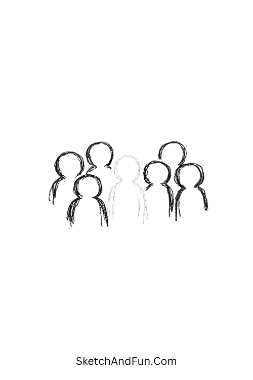 A doodle of a faint figure among bold people, emo doodles drawing