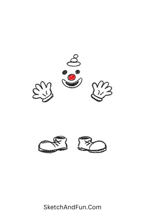 A doodle of a clown with only gloves, shoes, and face visible, clown doodle silhouette printable