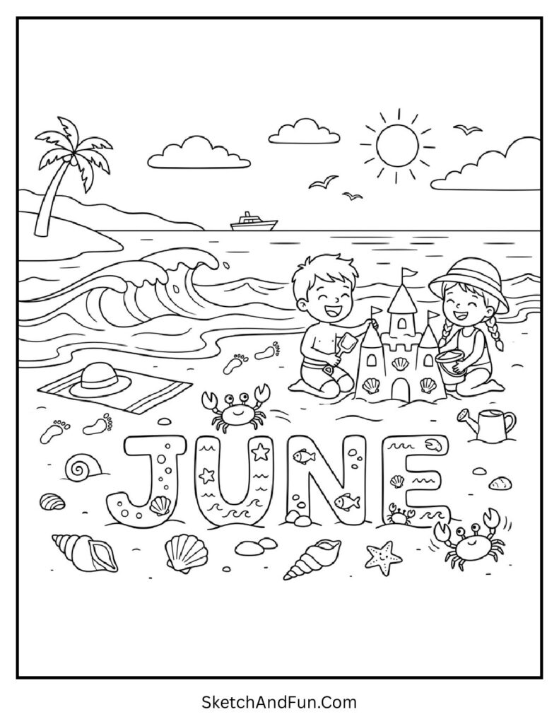 A coloring page of beach scene with seashells, waves and June written in sand, printable June coloring sheets PDF