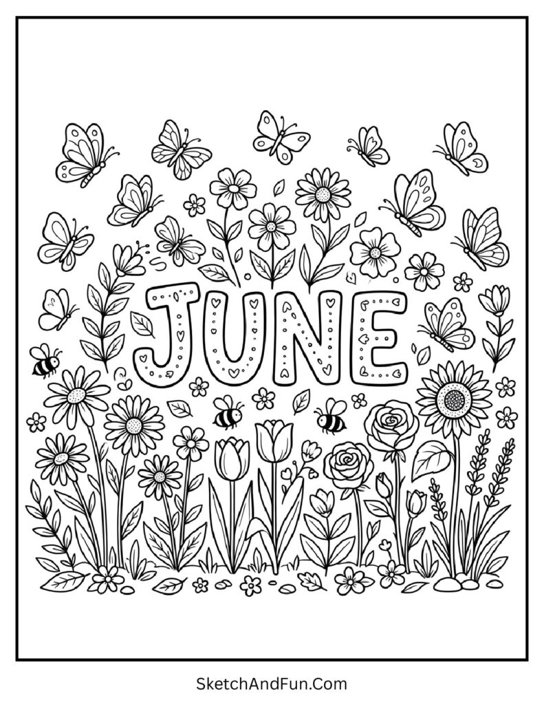 A coloring page of butterflies and flowers surrounding June in peaceful garden, June seasonal coloring pages printable