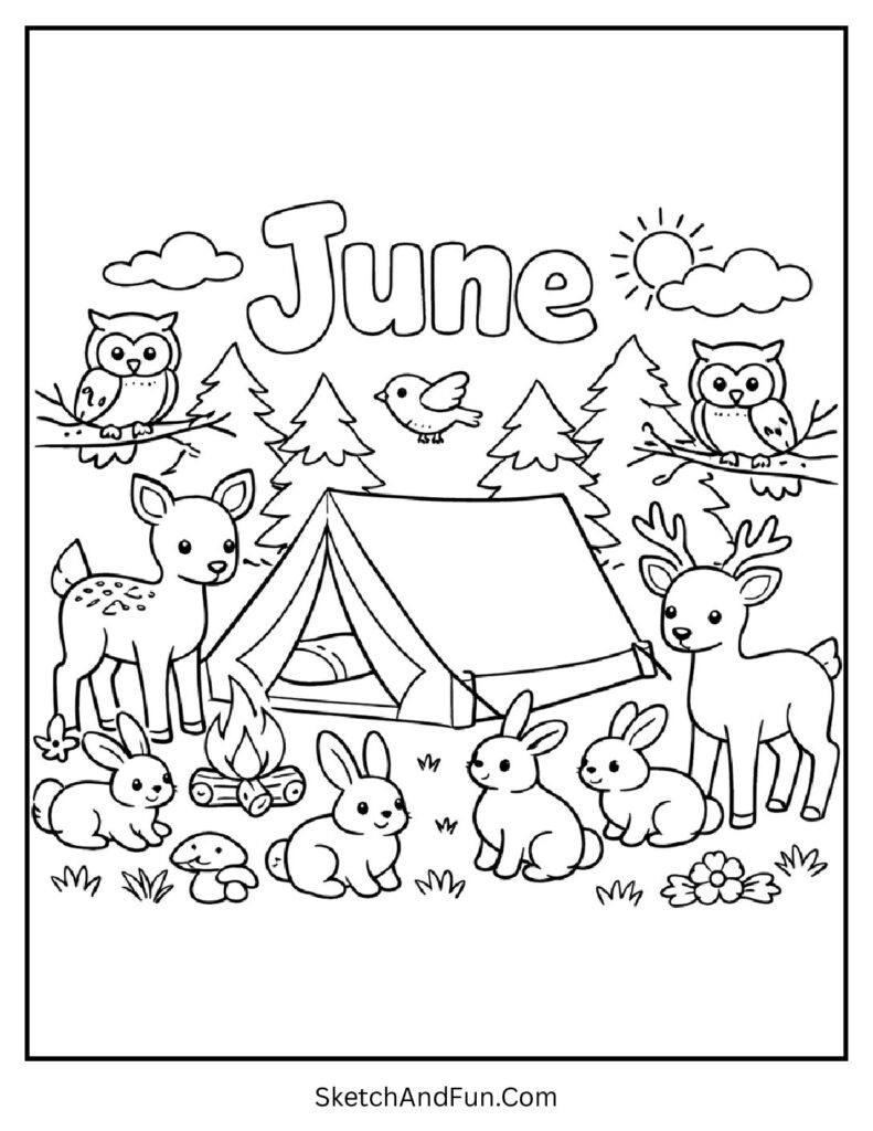 A coloring page of forest camping animals around tent and glowing June, June coloring book pages printable