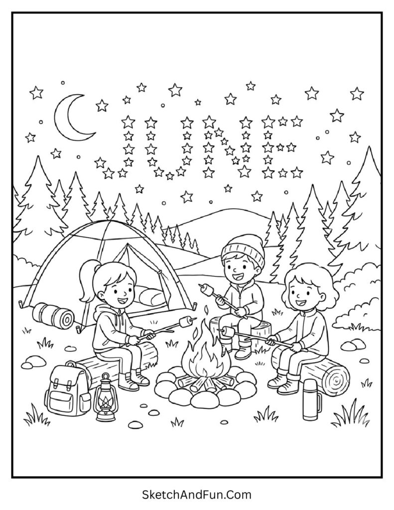 A coloring page of camping night with tent, stars and campfire glowing June, detailed June coloring pages for adults
