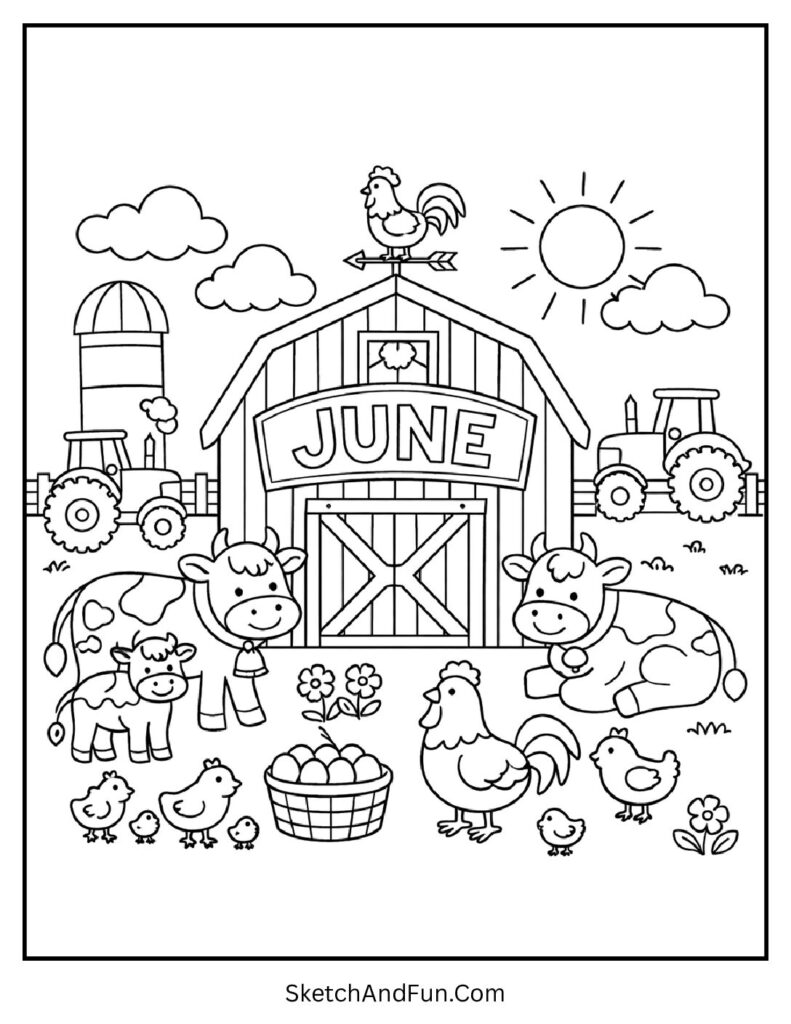 A coloring page of farm barn animals and tractors with June sign, June classroom coloring pages activities