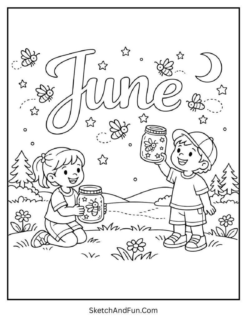 A coloring page of glowing fireflies night scene around June text, June holiday coloring pages printable